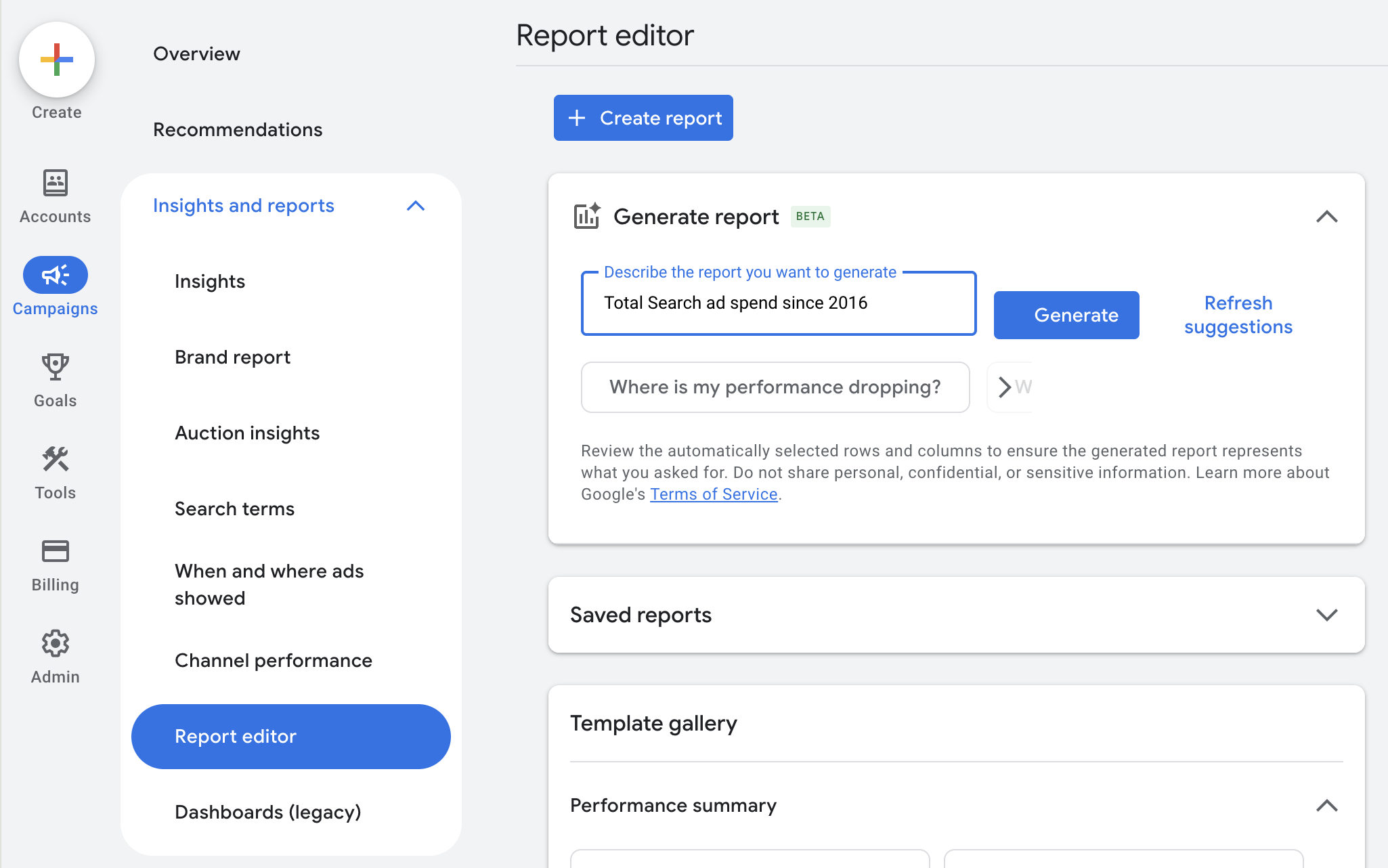 Google Ads Report editor with Total Search ad spend since 2016 entered in the Generate report panel and the Generate button beside it.