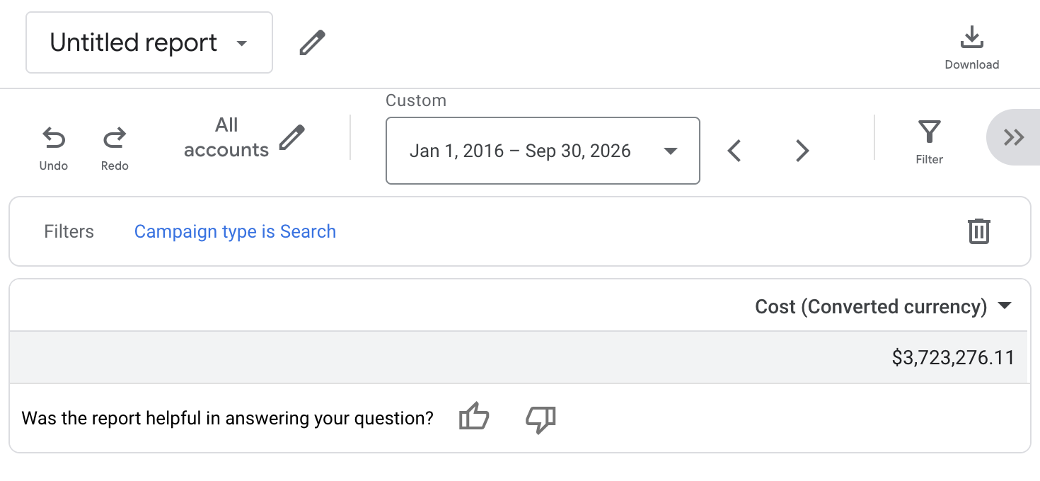 Example generated Google Ads report for All accounts, January 1, 2016 to September 30, 2026, filtered to Search campaigns, showing a converted-currency cost of $3,723,276.11 and a Download button.